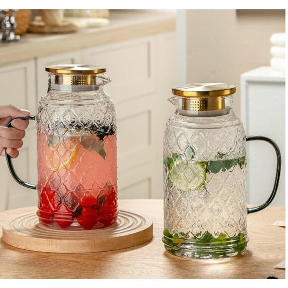 Glass Pitcher with Lid, 2 PACK 84 oz/2.5L Liter Vintage Water Pitcher, Clear Bor - Picture 2 of 6